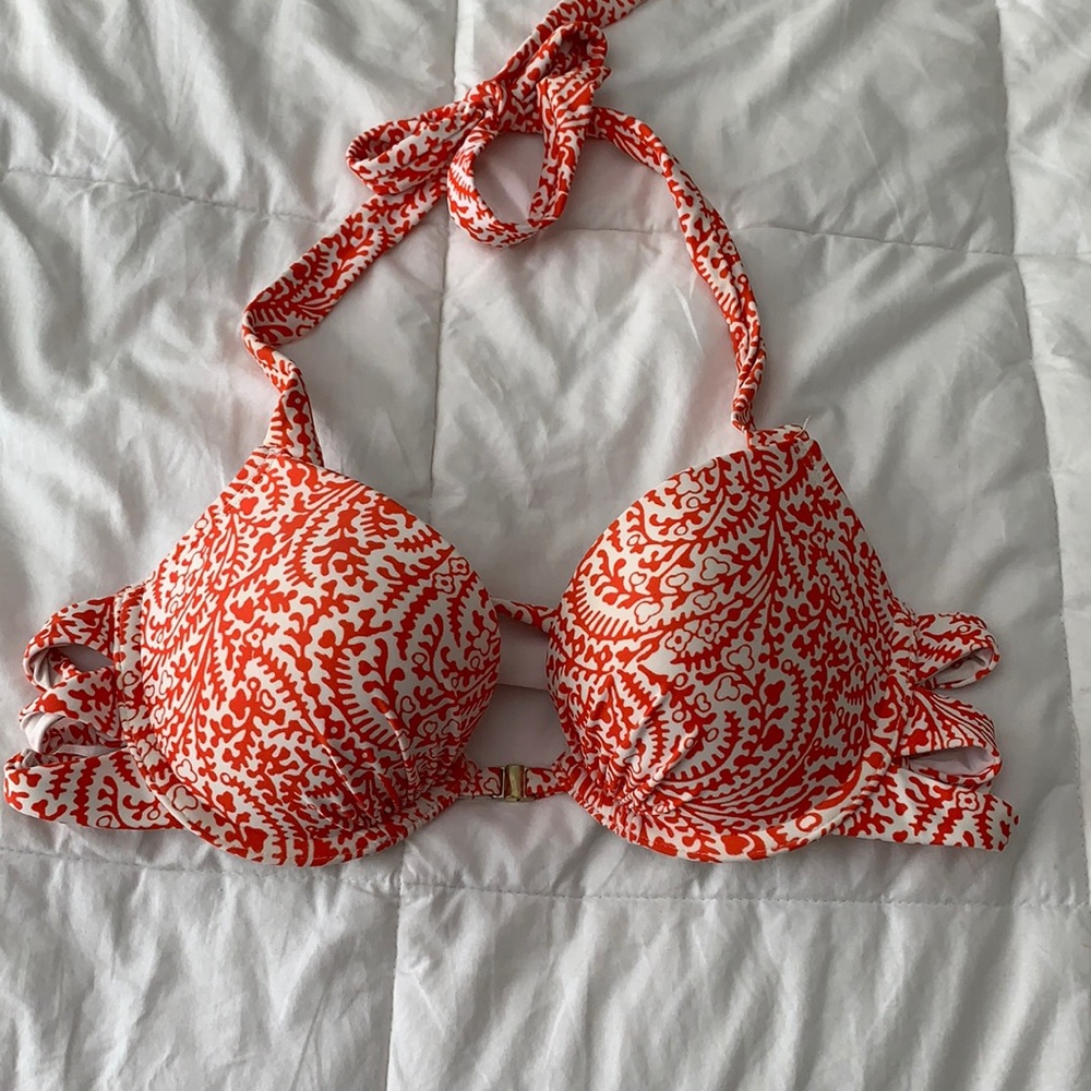 orange and white bikini top
